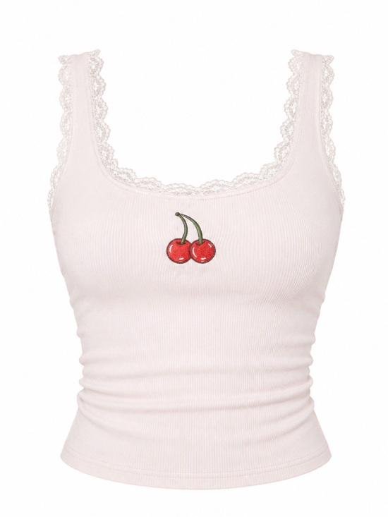 Tops - Lace-Trim Ribbed Tank with Cherry Patch - Light Pink